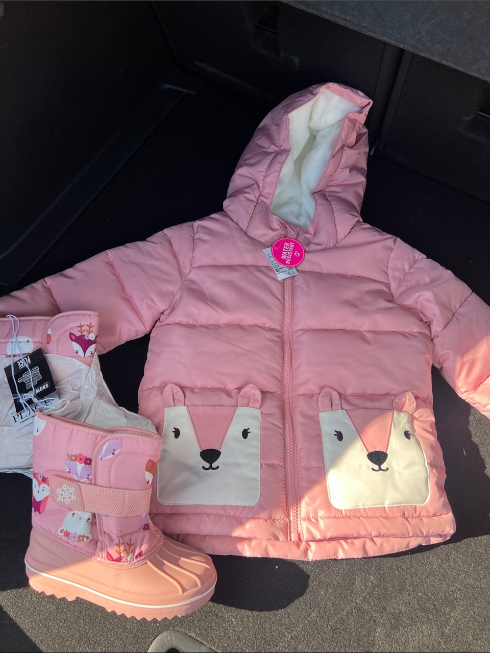 Pink Toddler Puffer Jacket with Animal Pocket Faces